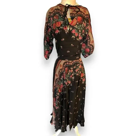 Rare 70s Vintage Chessa Davis USA Black Floral 2 Piece Long Maxi Skirt Dress 80s - Picture 3 of 7